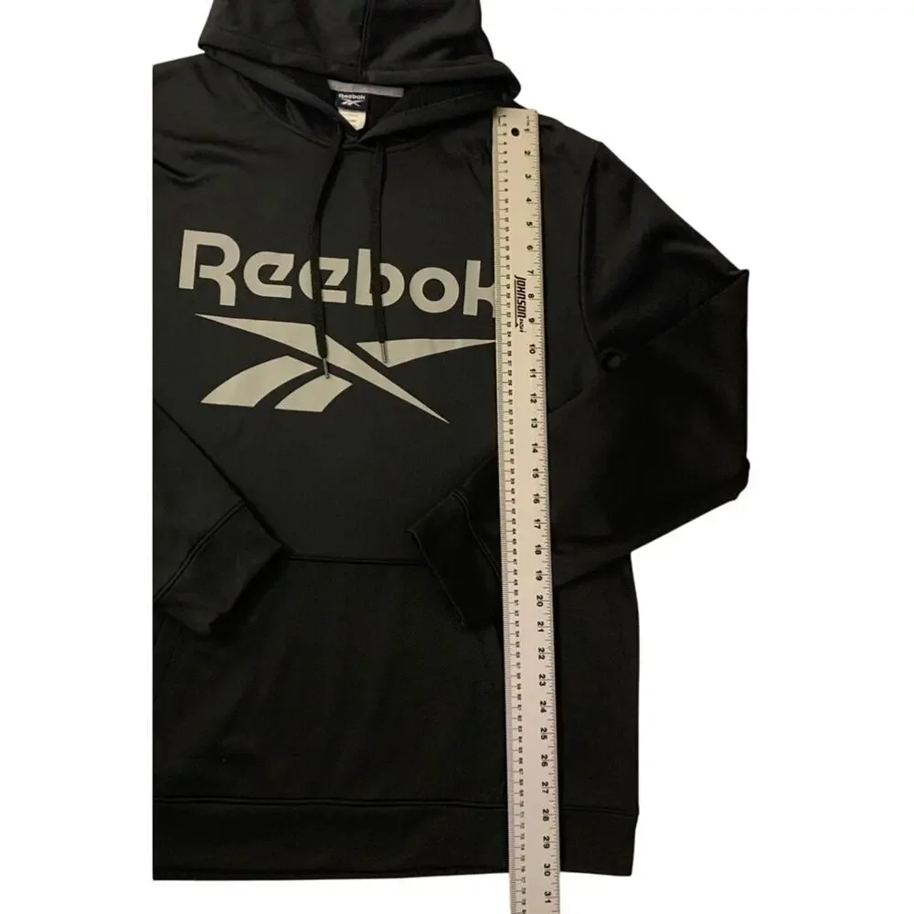 Reebok Mens Black Hooded Sweatshirt Size XXL Big Logo Spellout Gym Hoodie Lounge